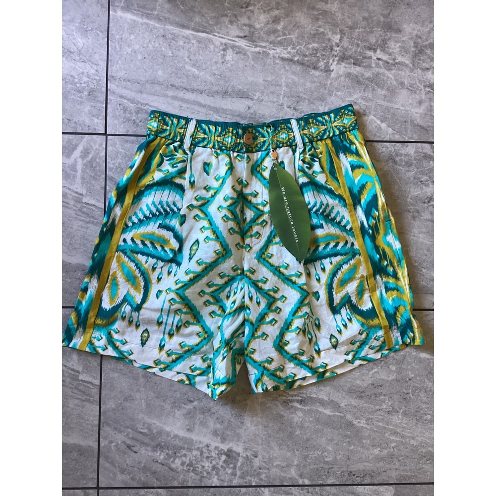 Farm Rio Tropical Tapestry Sand Shorts Teal Yellow Ikat Print Linen Blend S NEW